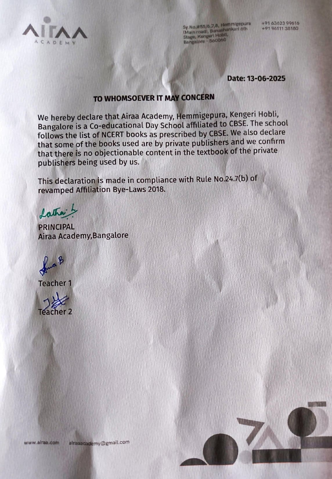 book declaration- Airaa Academy – A CBSE-Affiliated School in Bangalore – Best Montessori School in South Bangalore – Admissions Open for AY 2026-27