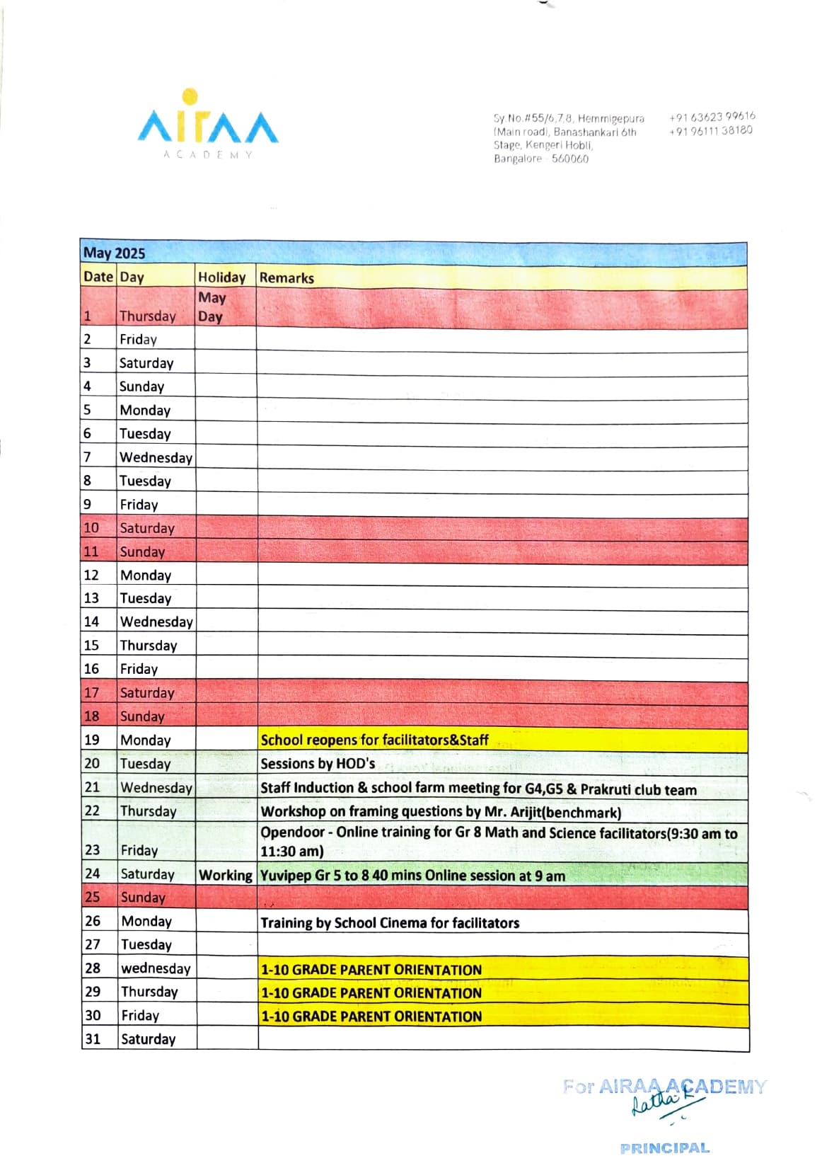 Annual Calendar 2025- Airaa Academy – A CBSE-Affiliated School in Bangalore – Best Montessori School in South Bangalore – Admissions Open for AY 2026-27